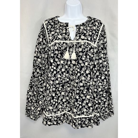 Old Navy Tops - Old Navy Split-Neck Boho Top Blouse Sz XL Tall‎ Floral Long Sleeves Beige Black